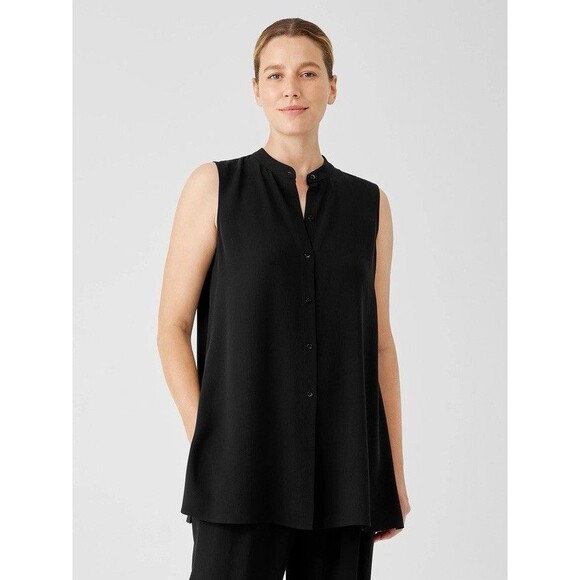 NWT Eileen Fisher Black Silk Georgette Crepe Sleeveless Shirt- Size XS